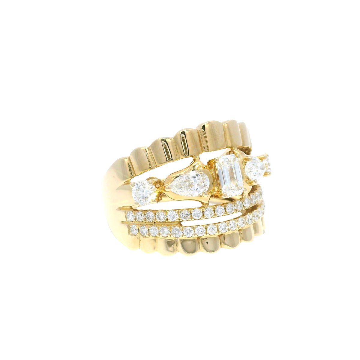 14k Yellow Gold Natural Diamond Emerald Cut & Pear Shape Multi-Row Ring