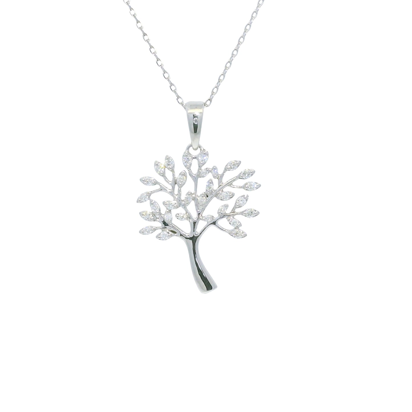 14K White Gold Natural Round Diamond "Tree of Life" Pendant Necklace