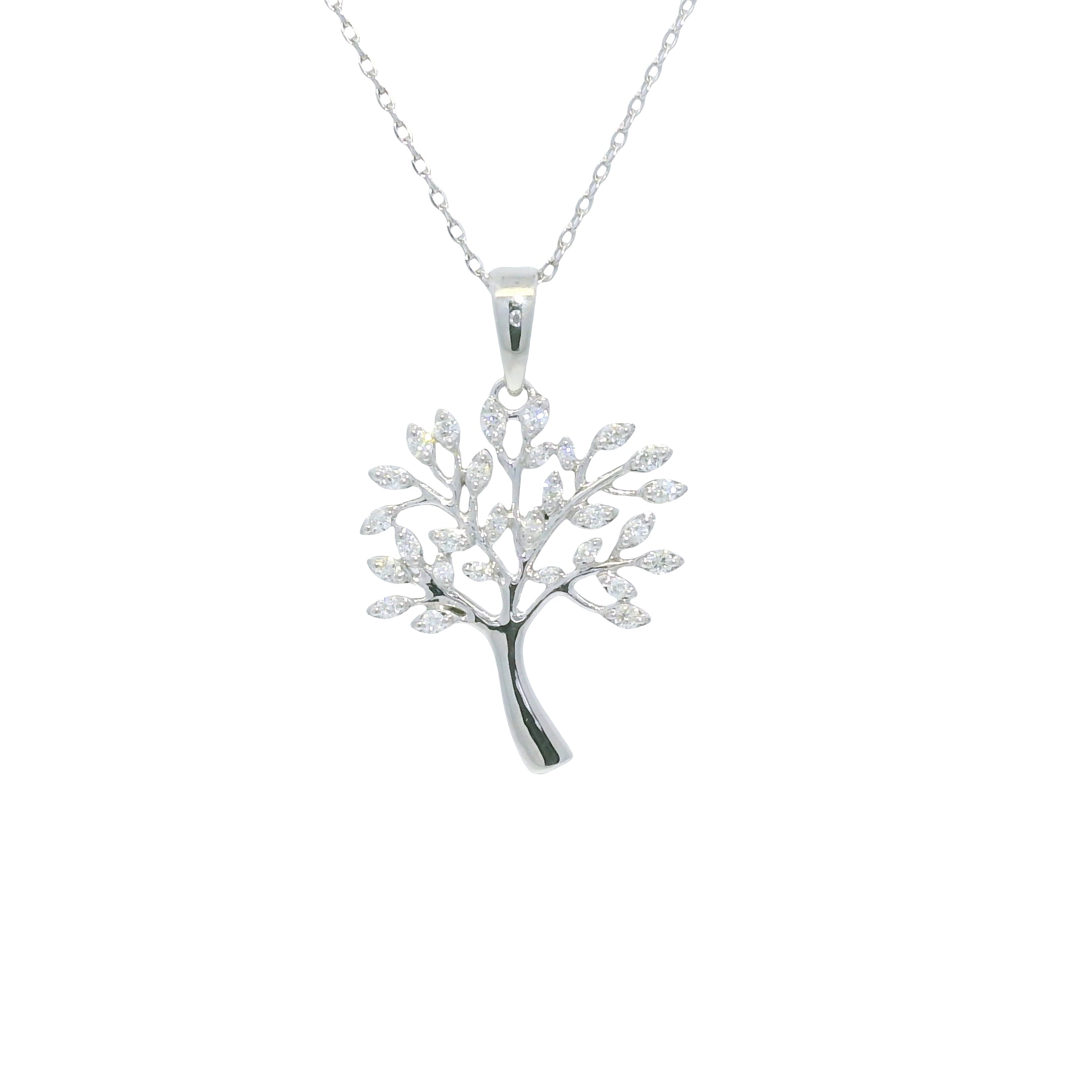 14K White Gold Natural Round Diamond "Tree of Life" Pendant Necklace