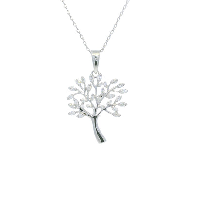 14K White Gold Natural Round Diamond "Tree of Life" Pendant Necklace