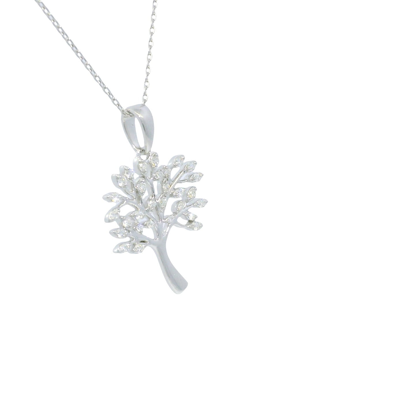 14K White Gold Natural Round Diamond "Tree of Life" Pendant Necklace