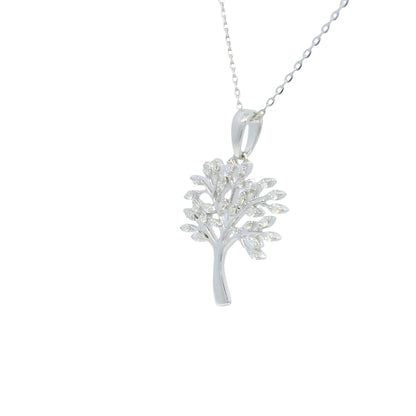 14K White Gold Natural Round Diamond "Tree of Life" Pendant Necklace