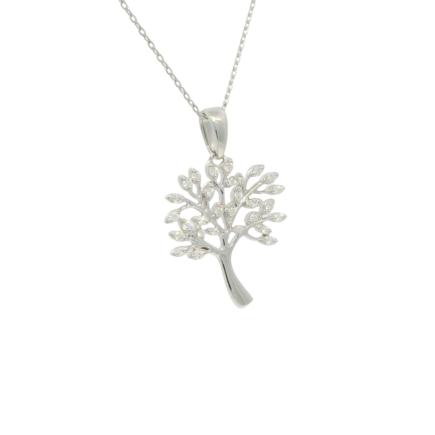 14K White Gold Natural Round Diamond "Tree of Life" Pendant Necklace