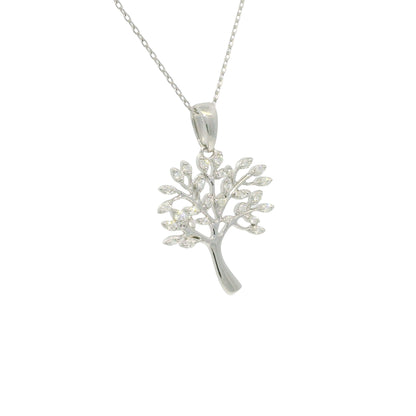 14K White Gold Natural Round Diamond "Tree of Life" Pendant Necklace