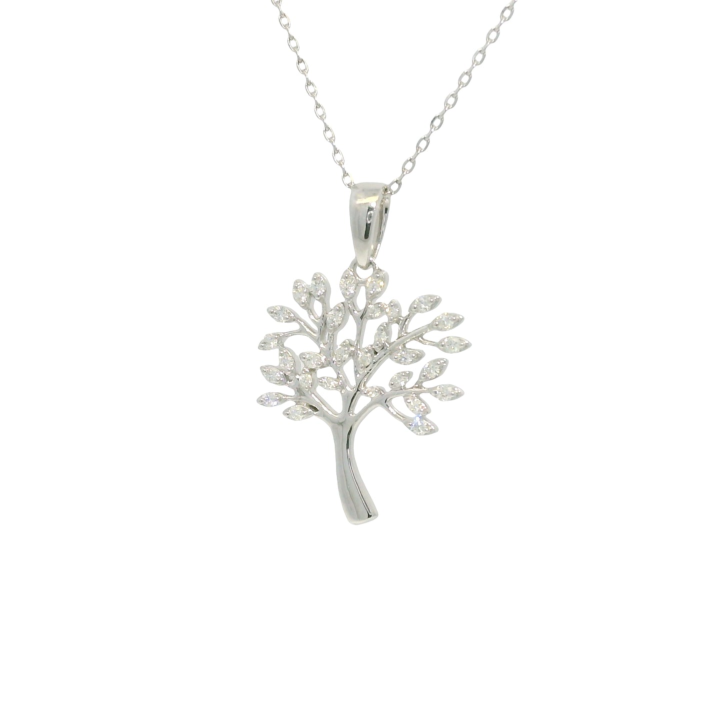 14K White Gold Natural Round Diamond "Tree of Life" Pendant Necklace