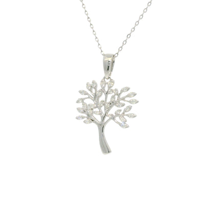 14K White Gold Natural Round Diamond "Tree of Life" Pendant Necklace