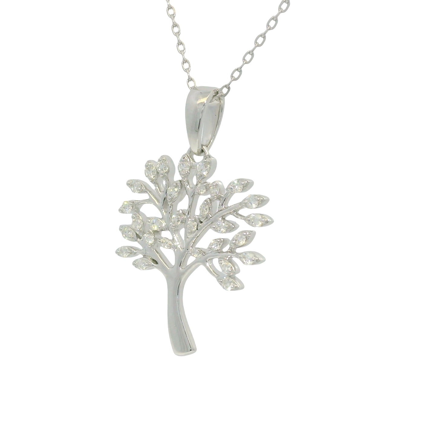 14K White Gold Natural Round Diamond "Tree of Life" Pendant Necklace