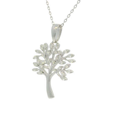 14K White Gold Natural Round Diamond "Tree of Life" Pendant Necklace