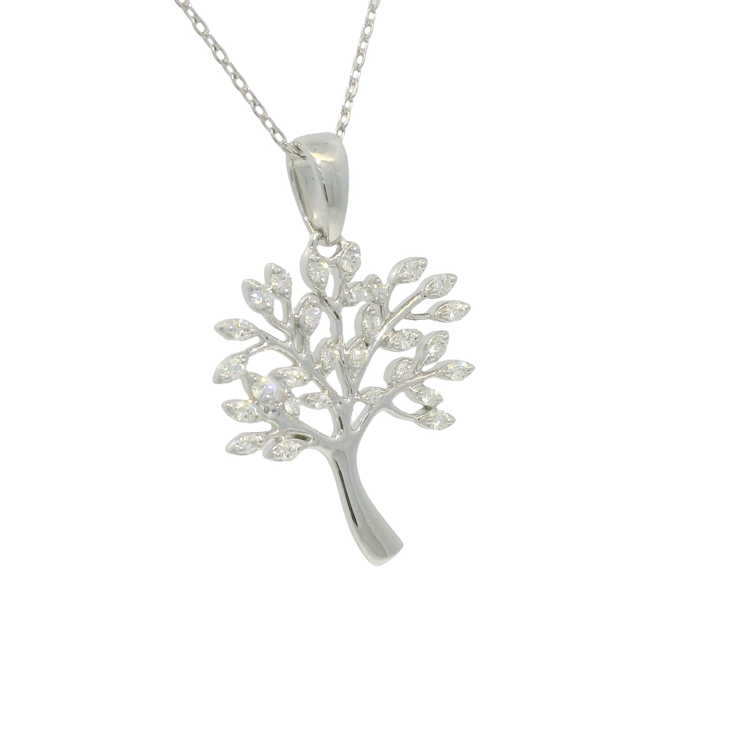 14K White Gold Natural Round Diamond "Tree of Life" Pendant Necklace