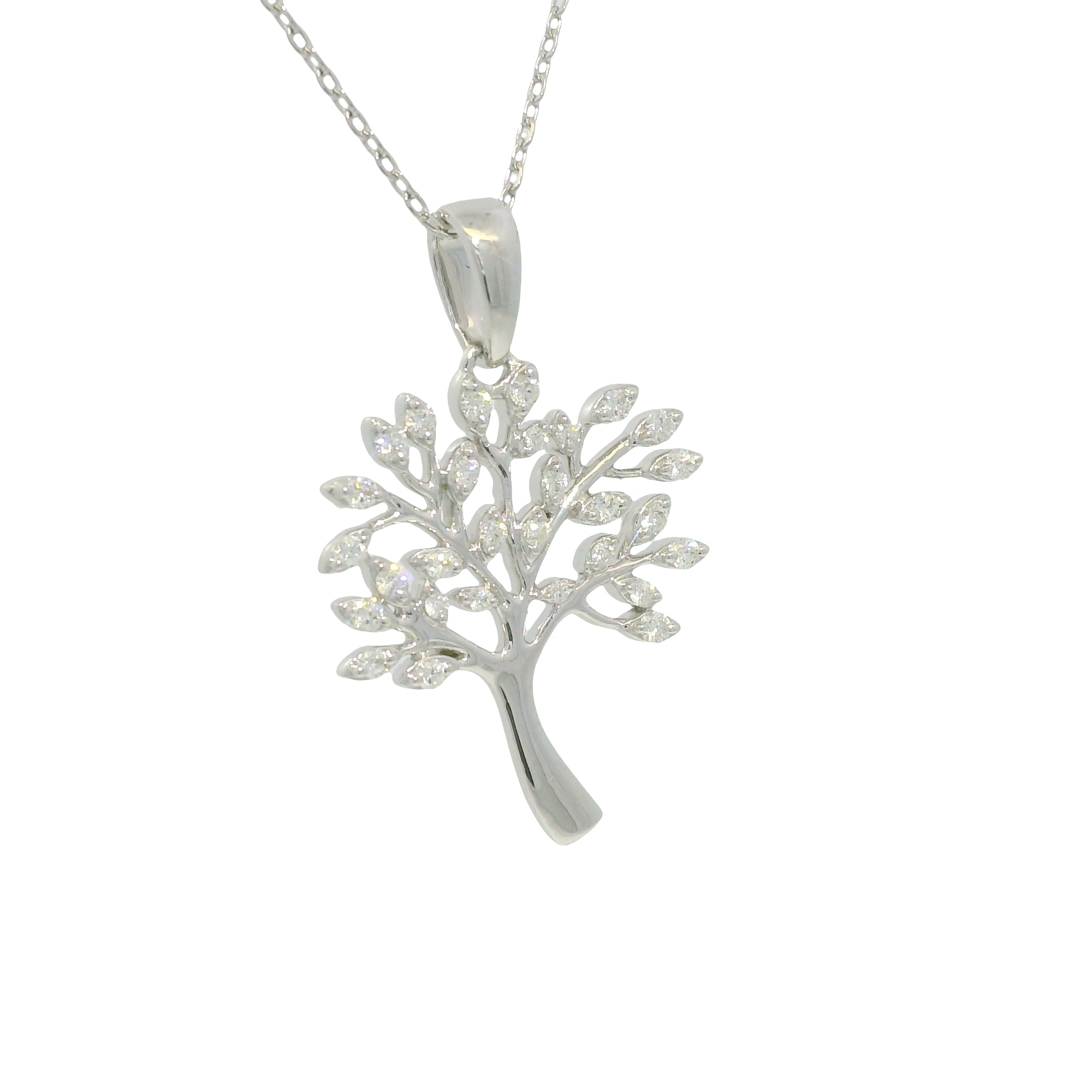 14K White Gold Natural Round Diamond "Tree of Life" Pendant Necklace