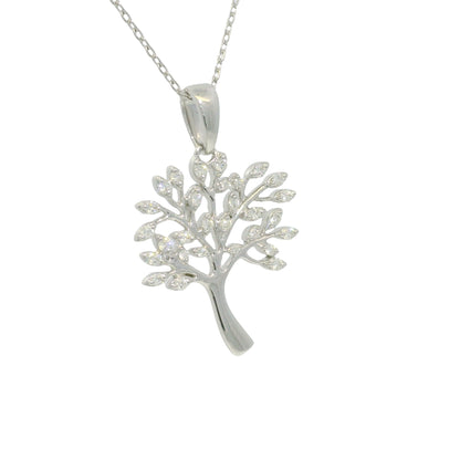 14K White Gold Natural Round Diamond "Tree of Life" Pendant Necklace