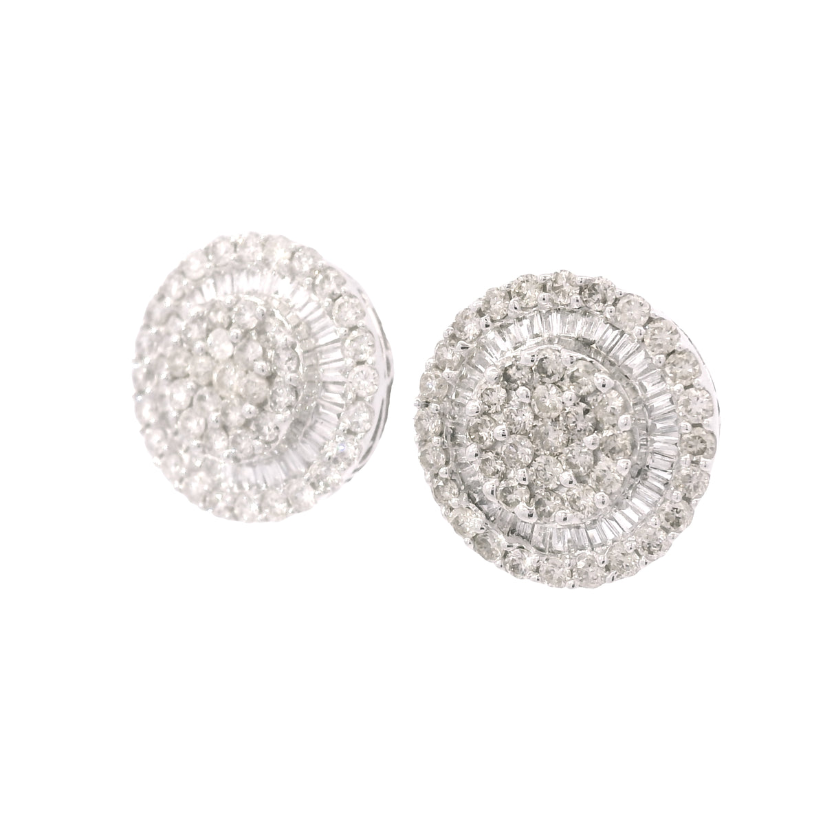 14K White Gold Natural Round & Baguette Diamond Cluster Stud Earrings