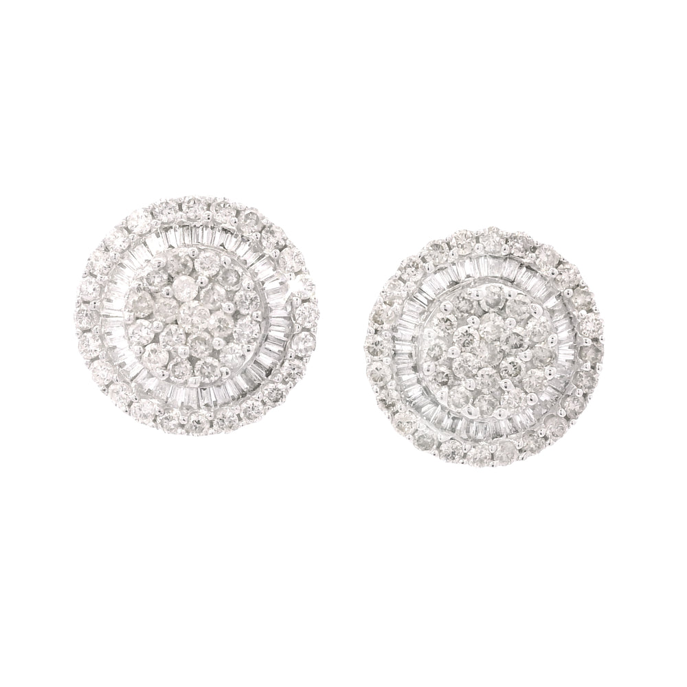 14K White Gold Natural Round & Baguette Diamond Cluster Stud Earrings