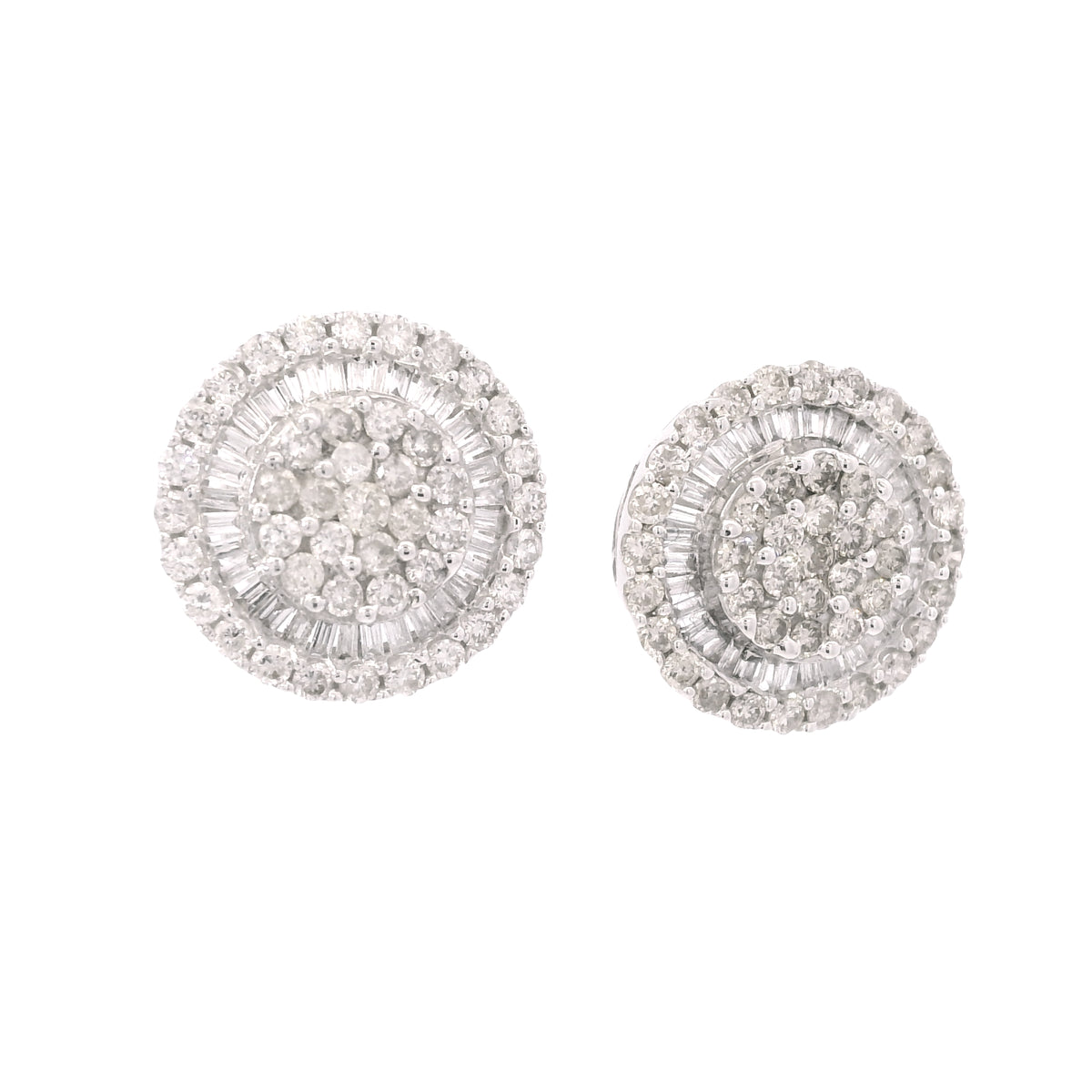 14K White Gold Natural Round & Baguette Diamond Cluster Stud Earrings