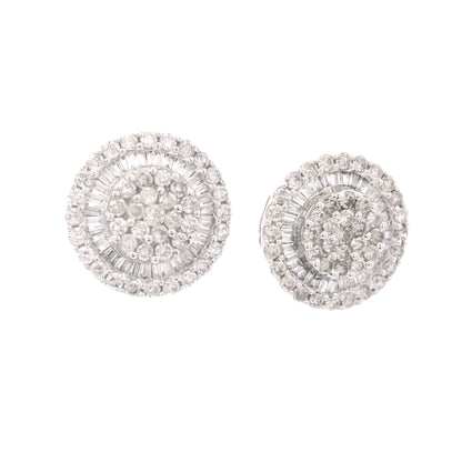 14K White Gold Natural Round & Baguette Diamond Cluster Stud Earrings