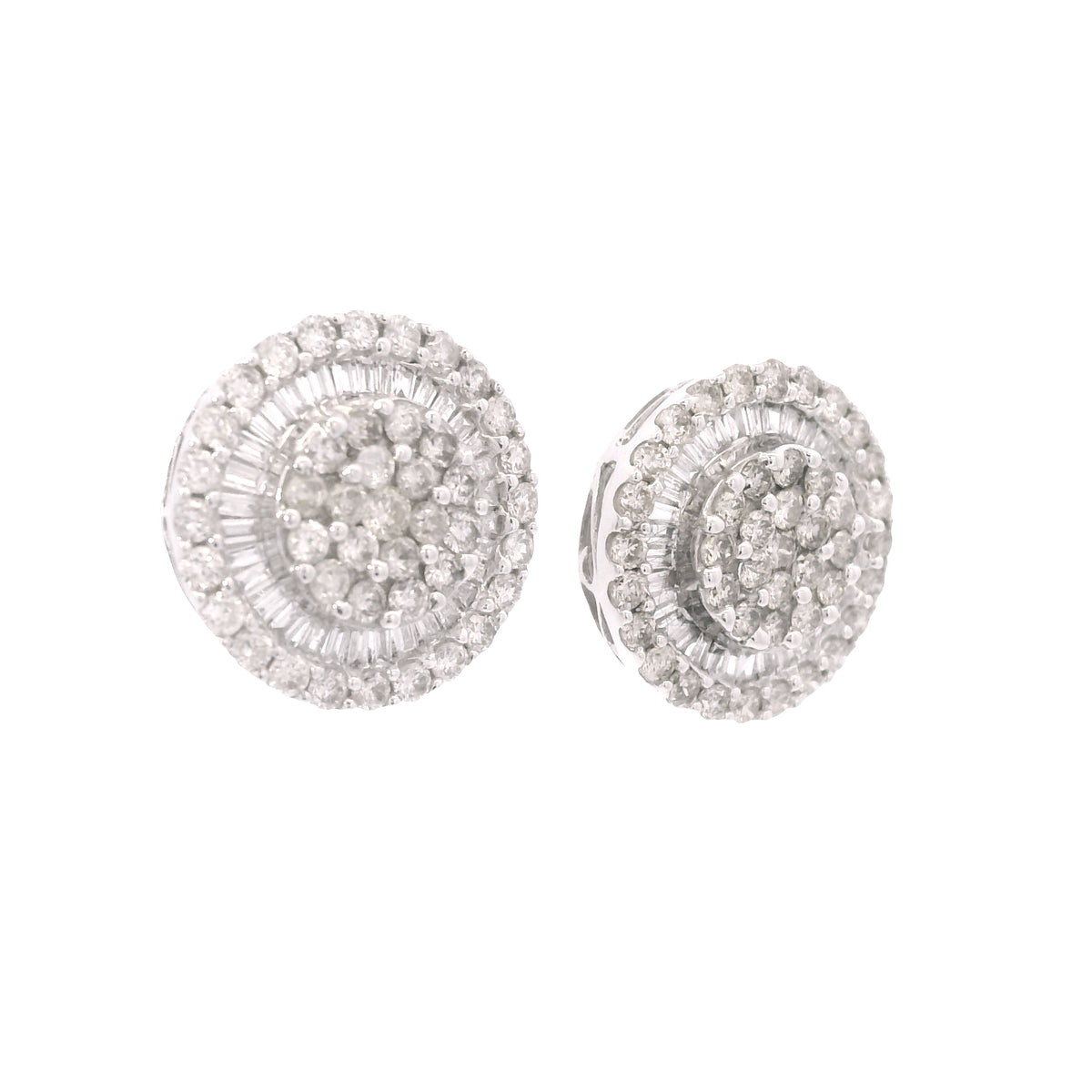 14K White Gold Natural Round & Baguette Diamond Cluster Stud Earrings