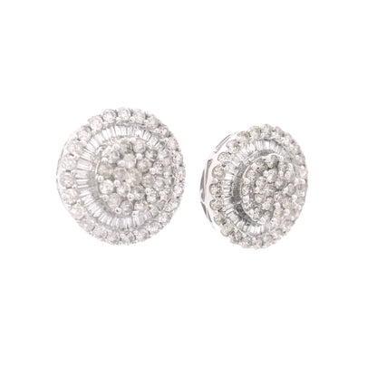 14K White Gold Natural Round & Baguette Diamond Cluster Stud Earrings