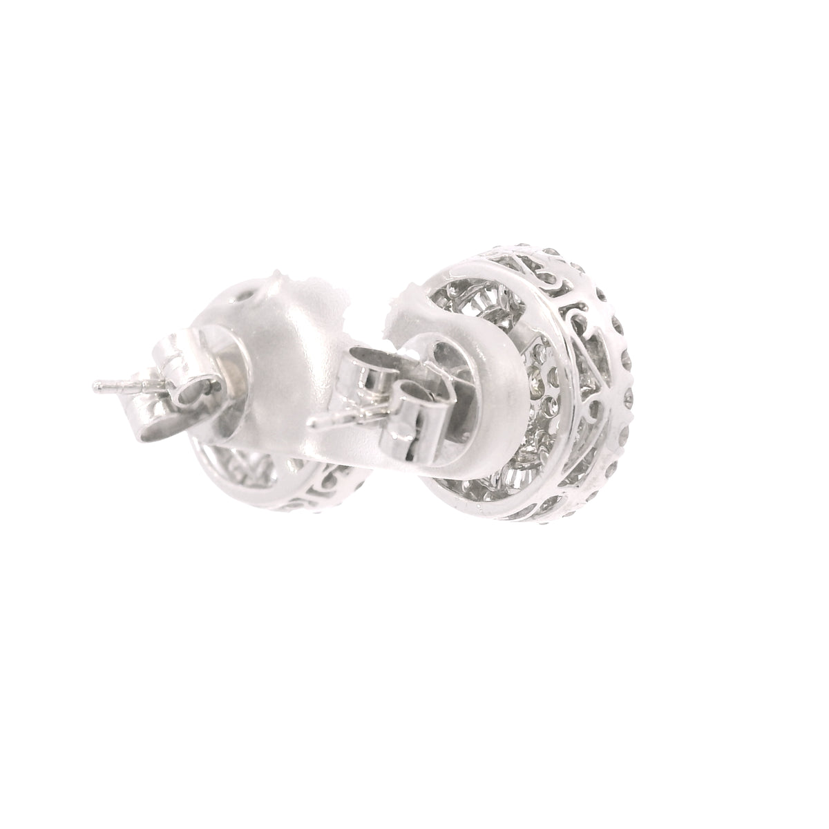 14K White Gold Natural Round & Baguette Diamond Cluster Stud Earrings