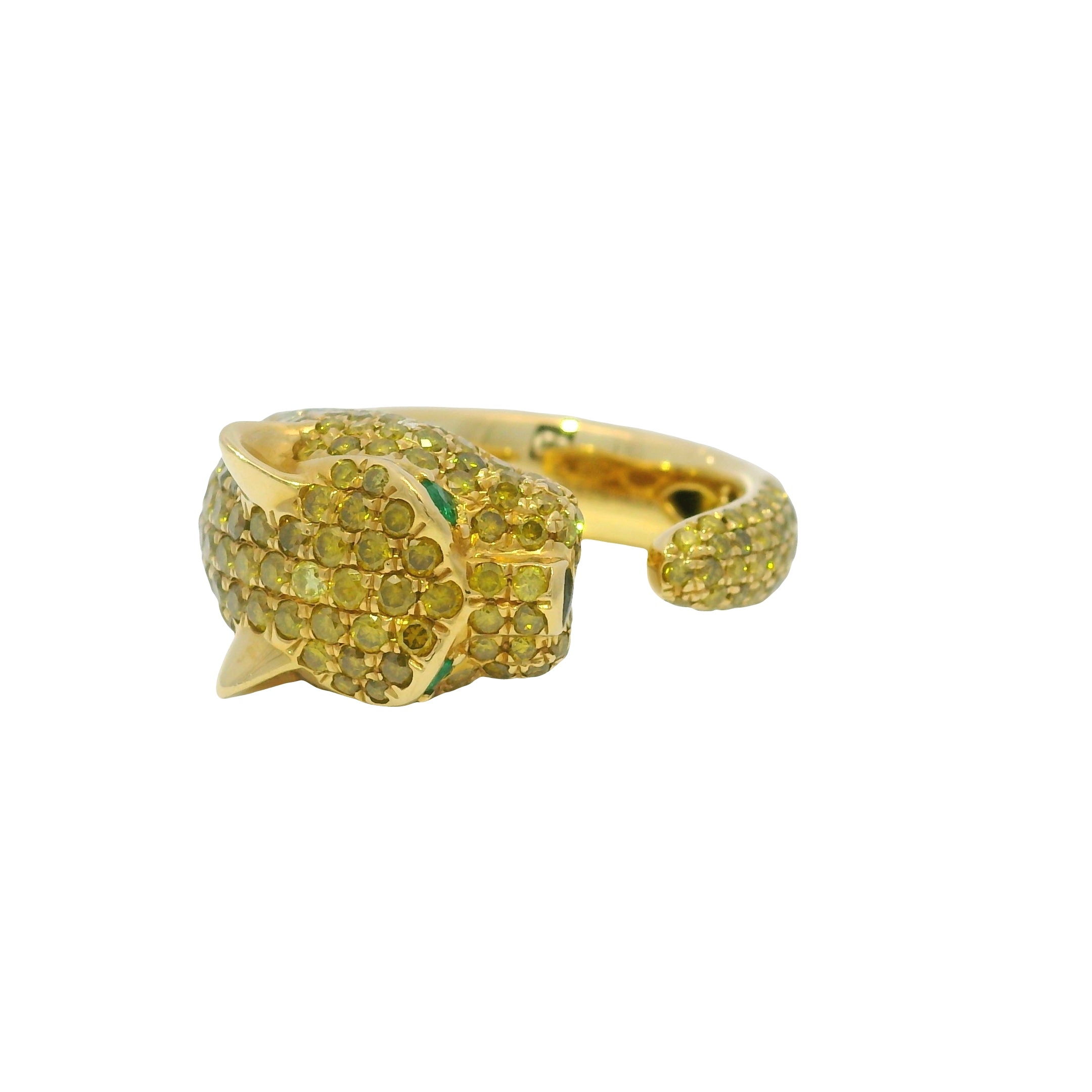 18K Yellow Gold Yellow Diamond And Emerald Eye Panther Style Wrap Ring