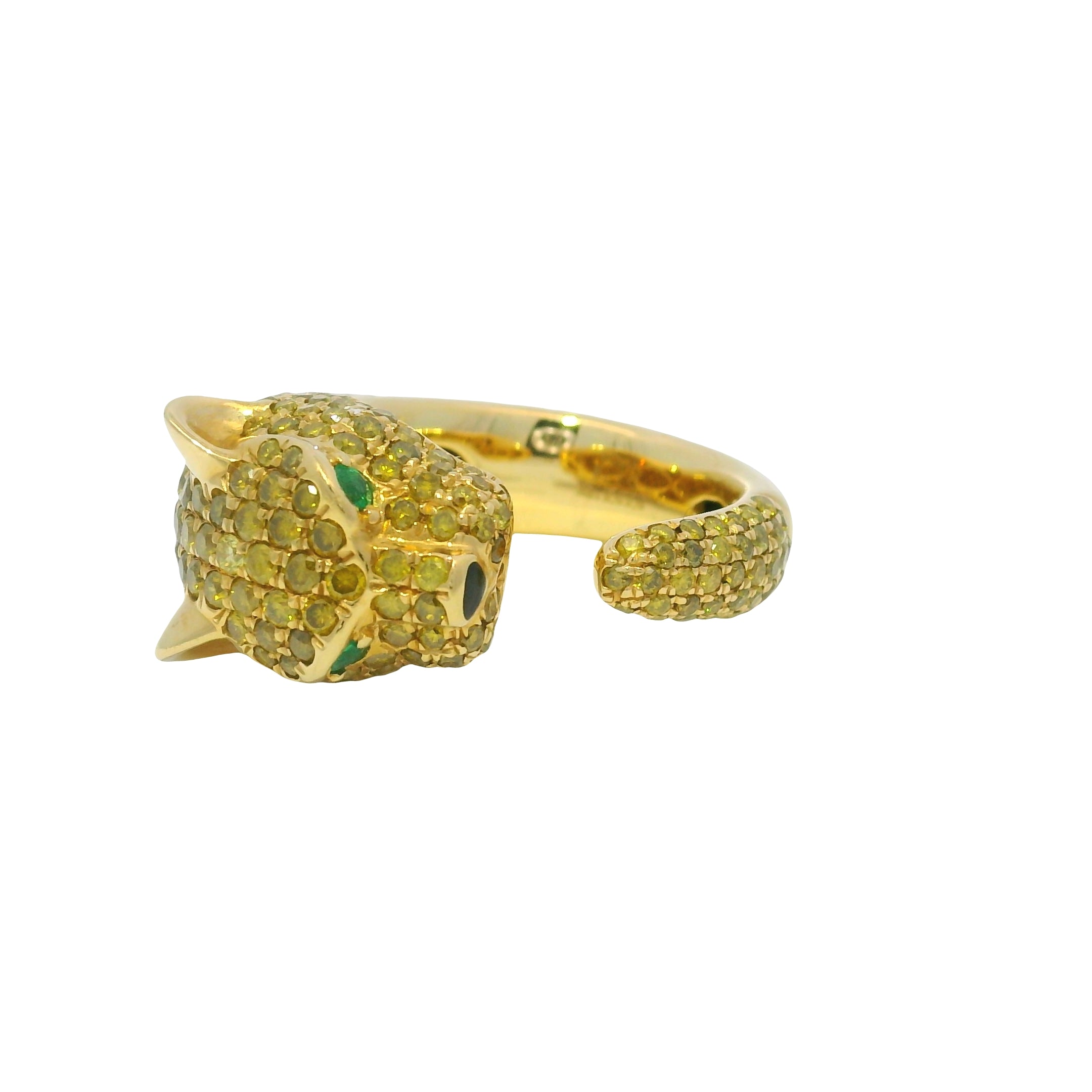 18K Yellow Gold Yellow Diamond And Emerald Eye Panther Style Wrap Ring