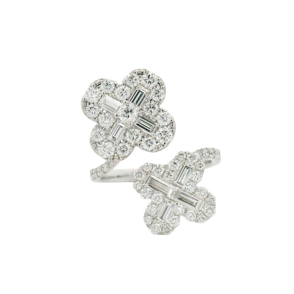 18K White Gold Natural Round & Baguette Diamond Clover Design Bypass Ring