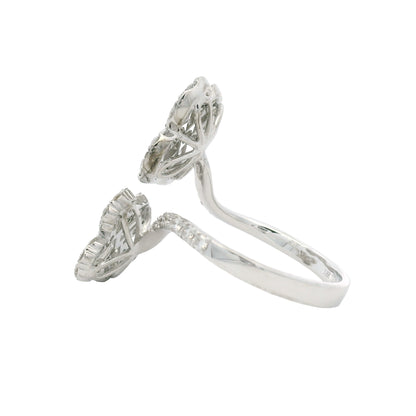 18K White Gold Natural Round & Baguette Diamond Clover Design Bypass Ring