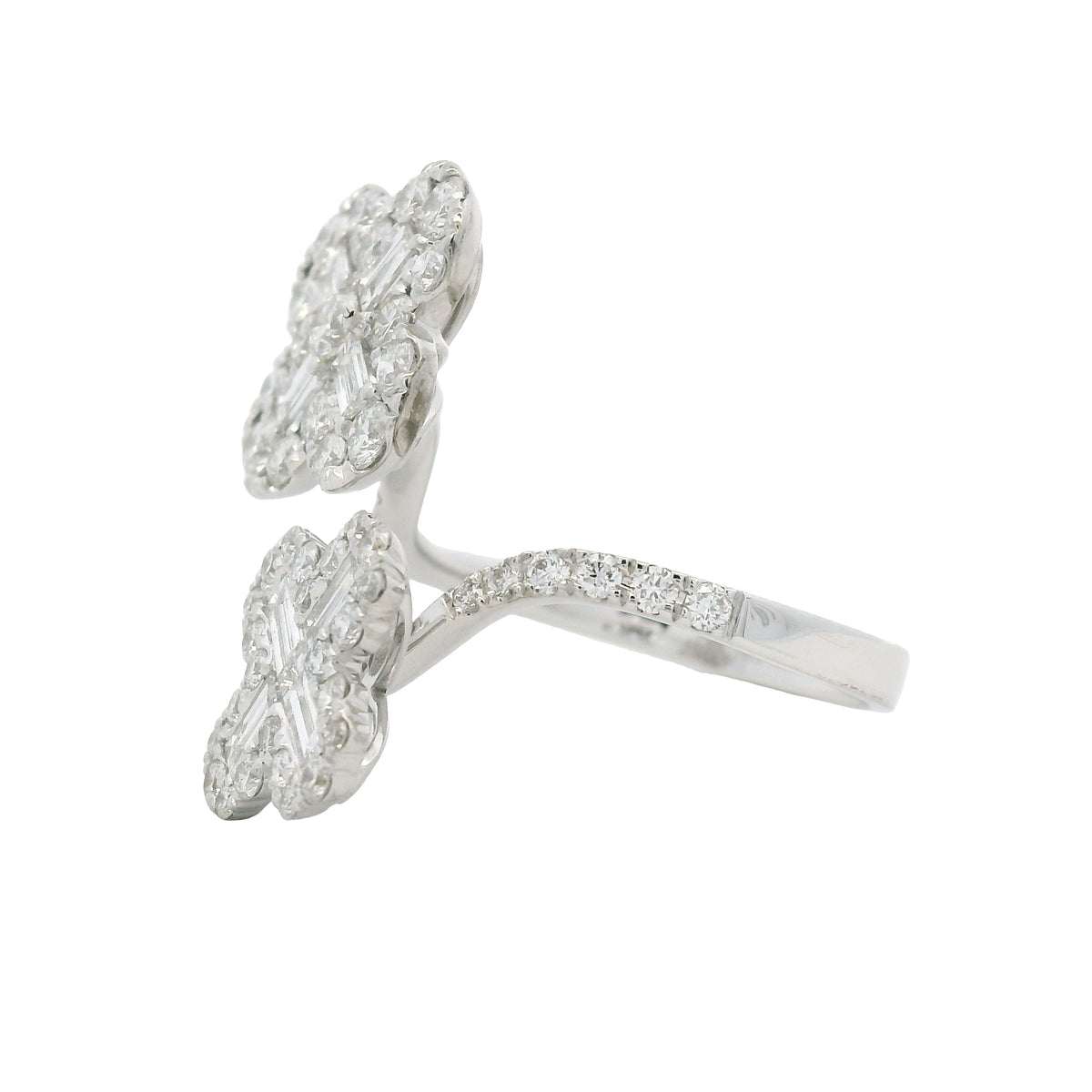 18K White Gold Natural Round & Baguette Diamond Clover Design Bypass Ring