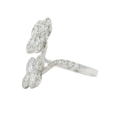 18K White Gold Natural Round & Baguette Diamond Clover Design Bypass Ring