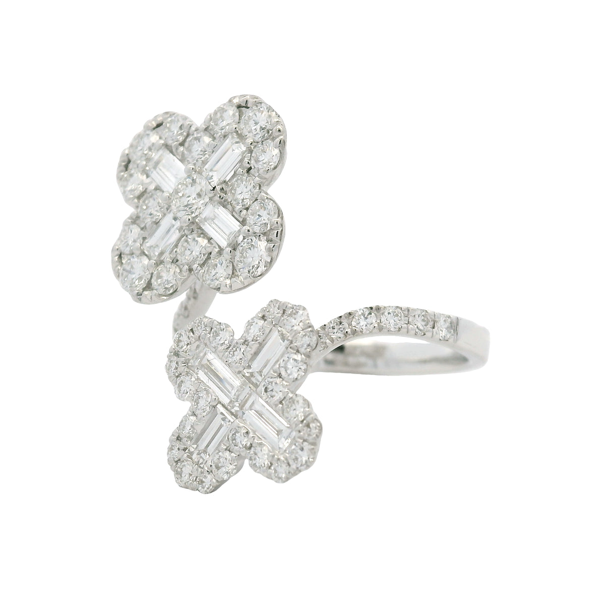 18K White Gold Natural Round & Baguette Diamond Clover Design Bypass Ring