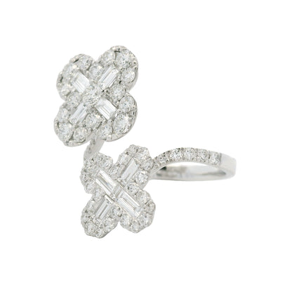 18K White Gold Natural Round & Baguette Diamond Clover Design Bypass Ring