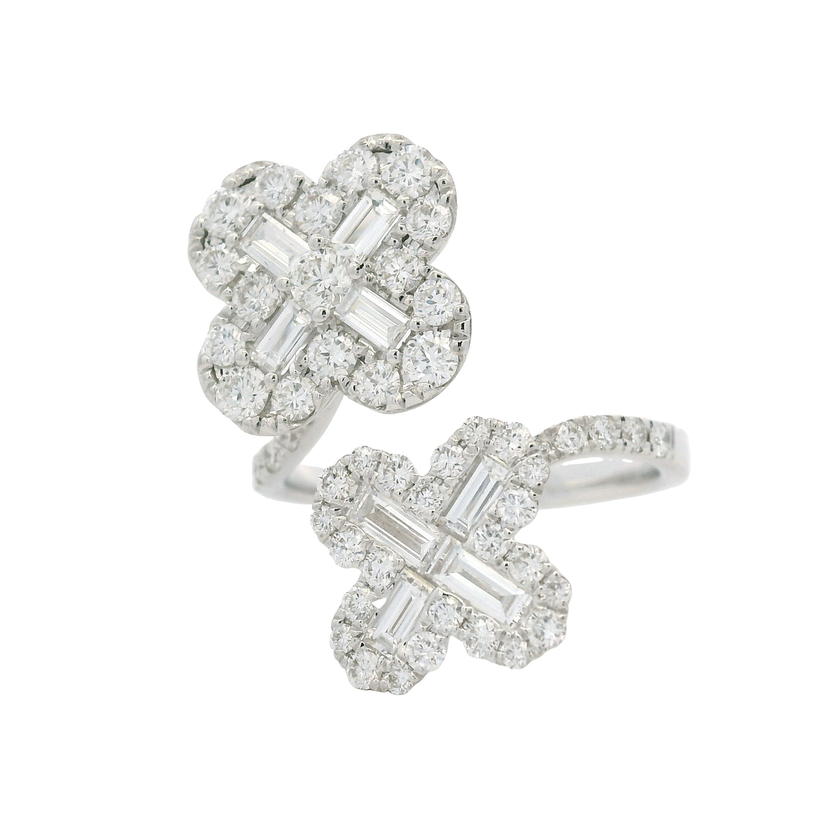 18K White Gold Natural Round & Baguette Diamond Clover Design Bypass Ring