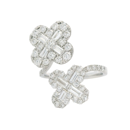 18K White Gold Natural Round & Baguette Diamond Clover Design Bypass Ring