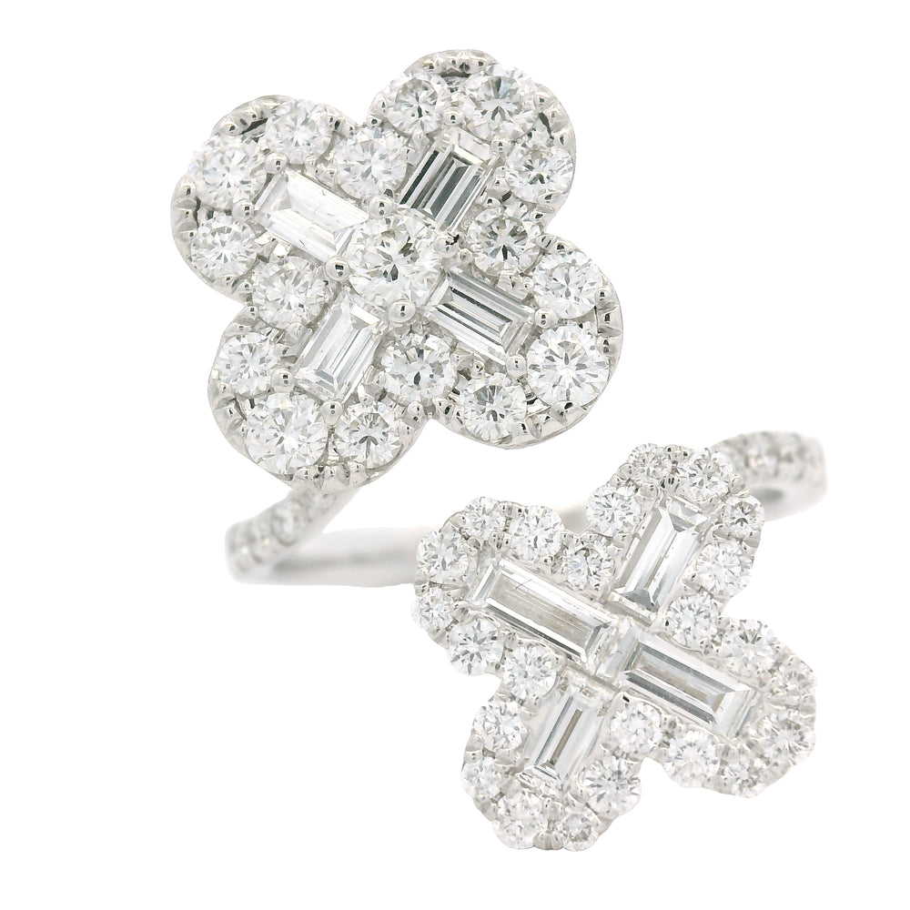 18K White Gold Natural Round & Baguette Diamond Clover Design Bypass Ring