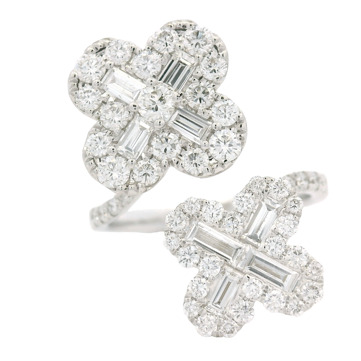 18K White Gold Natural Round & Baguette Diamond Clover Design Bypass Ring