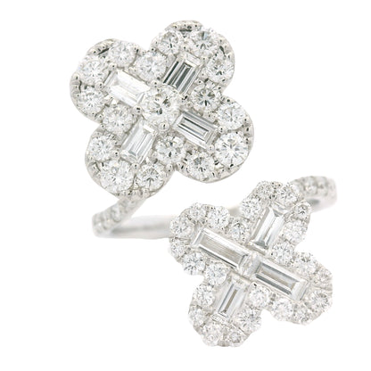 18K White Gold Natural Round & Baguette Diamond Clover Design Bypass Ring