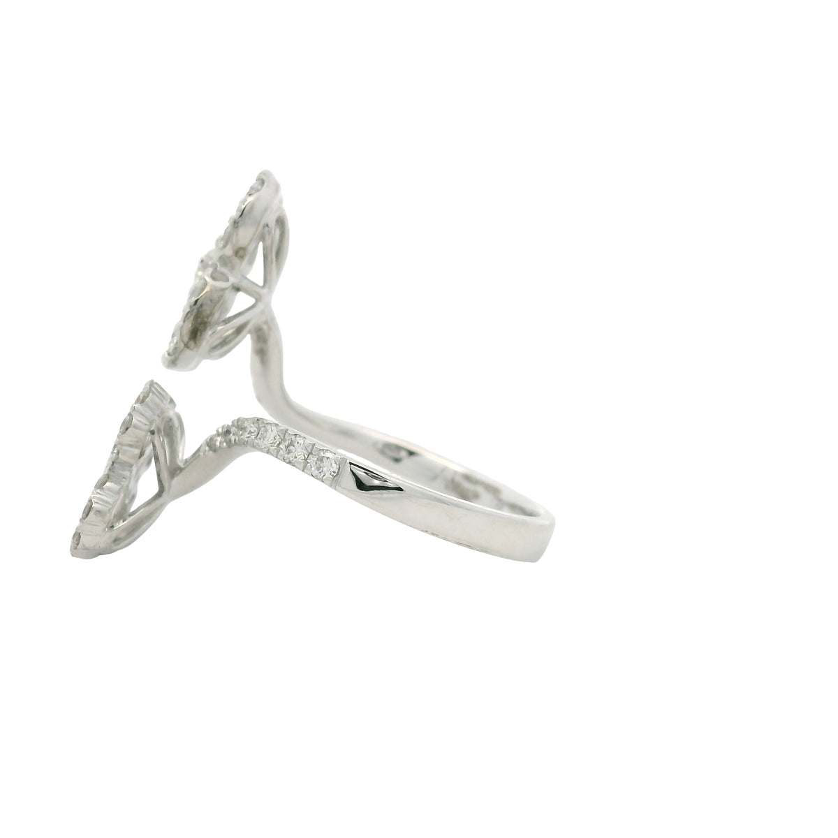 18K White Gold Natural Round & Baguette Diamond Clover Design Bypass Ring