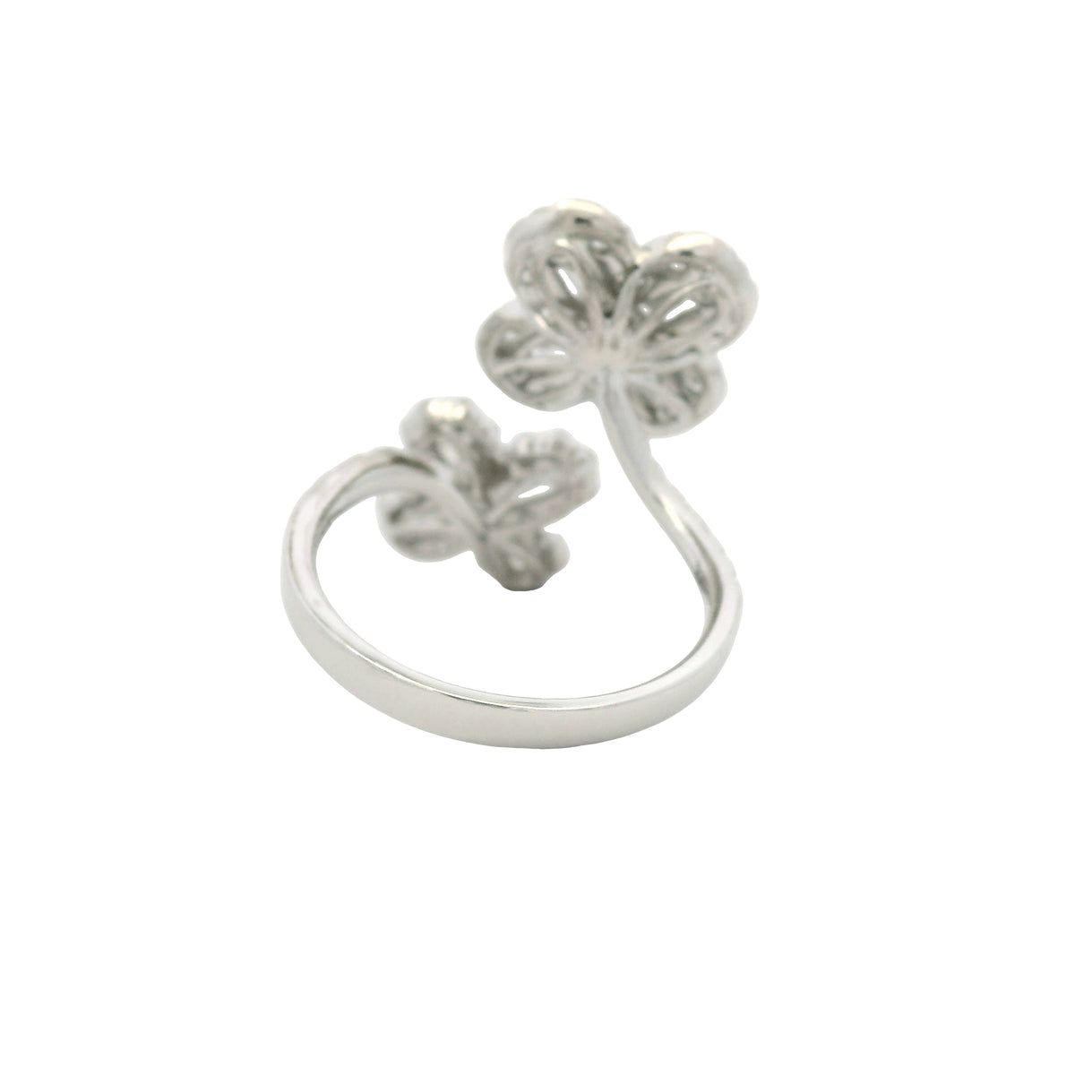 18K White Gold Natural Round & Baguette Diamond Clover Design Bypass Ring