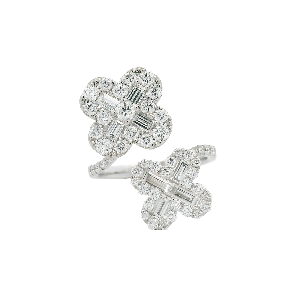18K White Gold Natural Round & Baguette Diamond Clover Design Bypass Ring