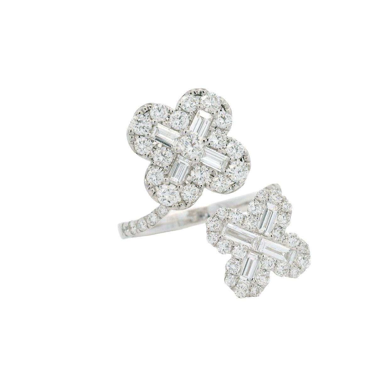 18K White Gold Natural Round & Baguette Diamond Clover Design Bypass Ring