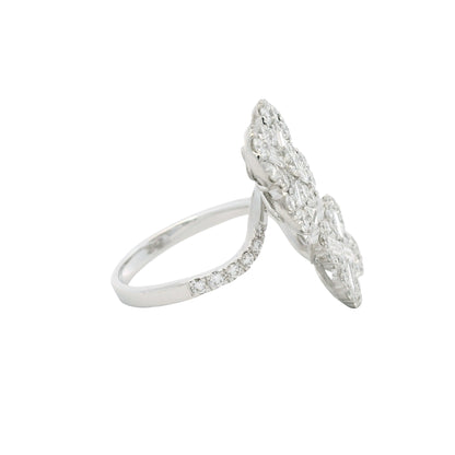 18K White Gold Natural Round & Baguette Diamond Clover Design Bypass Ring