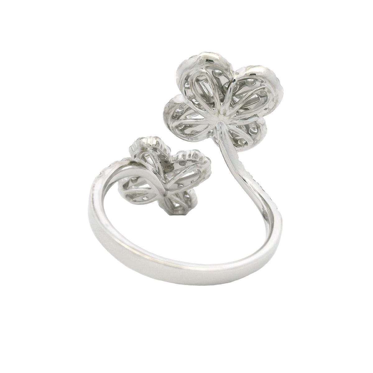 18K White Gold Natural Round & Baguette Diamond Clover Design Bypass Ring