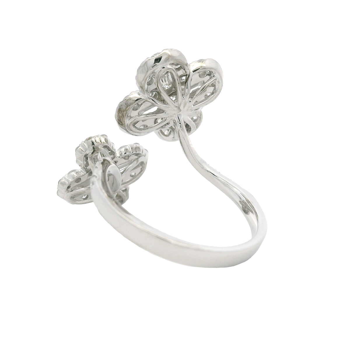 18K White Gold Natural Round & Baguette Diamond Clover Design Bypass Ring