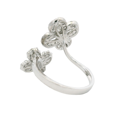 18K White Gold Natural Round & Baguette Diamond Clover Design Bypass Ring