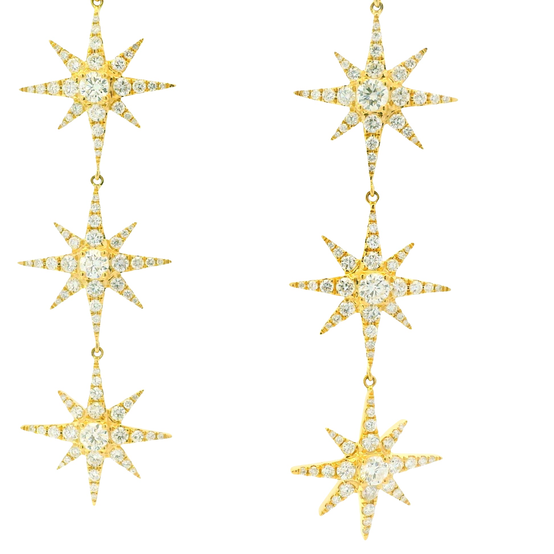 18k Yellow Gold Natural Round Brilliant Diamond Pave 3-Star Drop Earrings