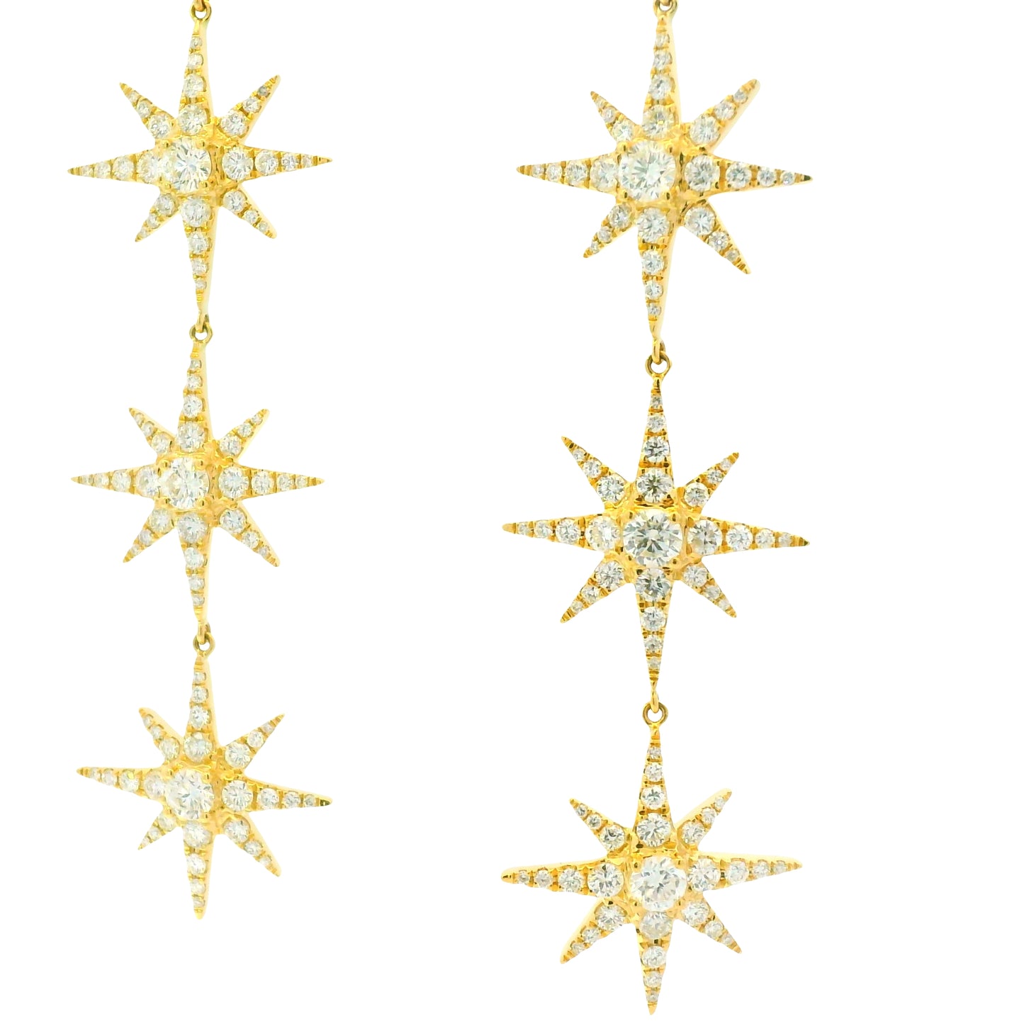 18k Yellow Gold Natural Round Brilliant Diamond Pave 3-Star Drop Earrings
