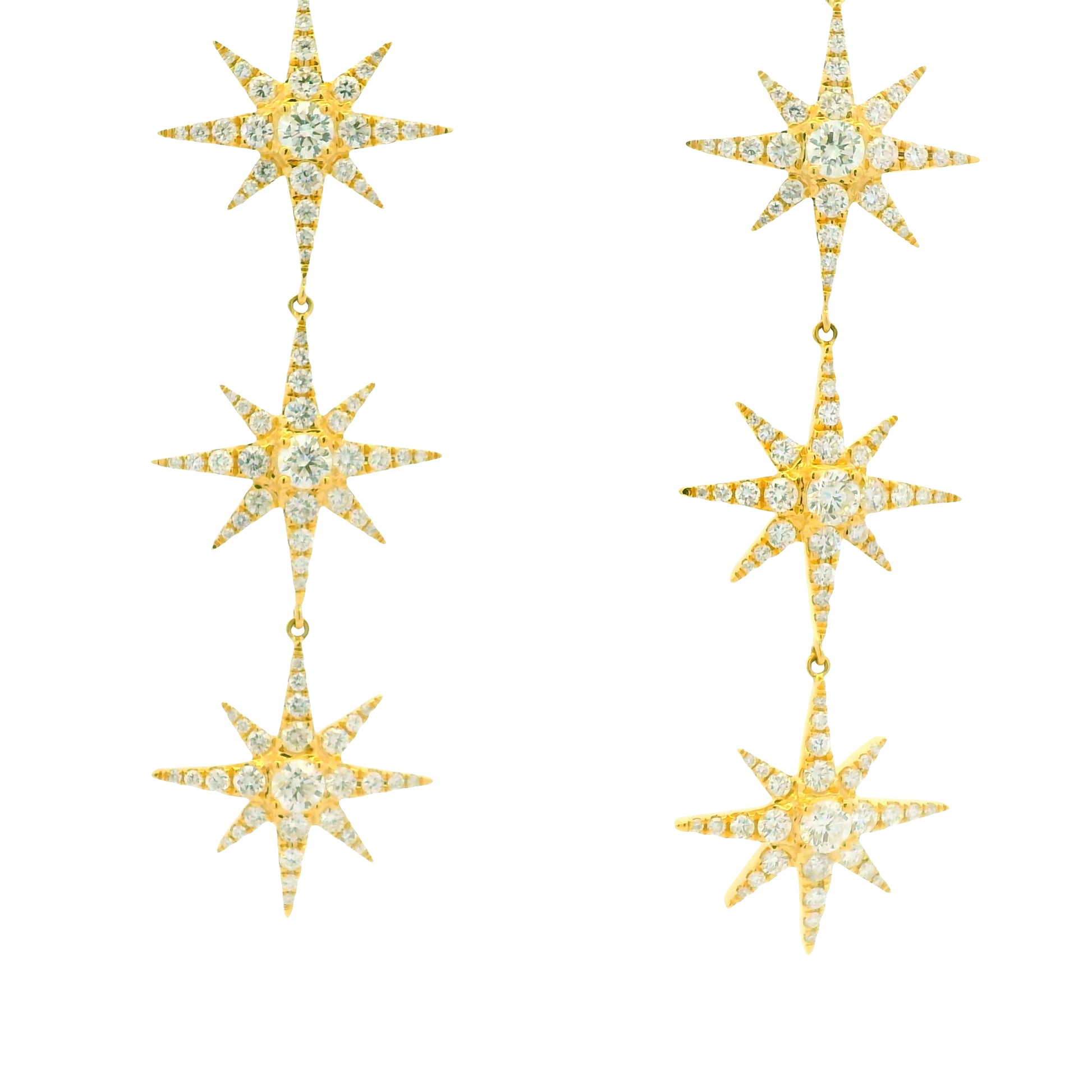 18k Yellow Gold Natural Round Brilliant Diamond Pave 3-Star Drop Earrings