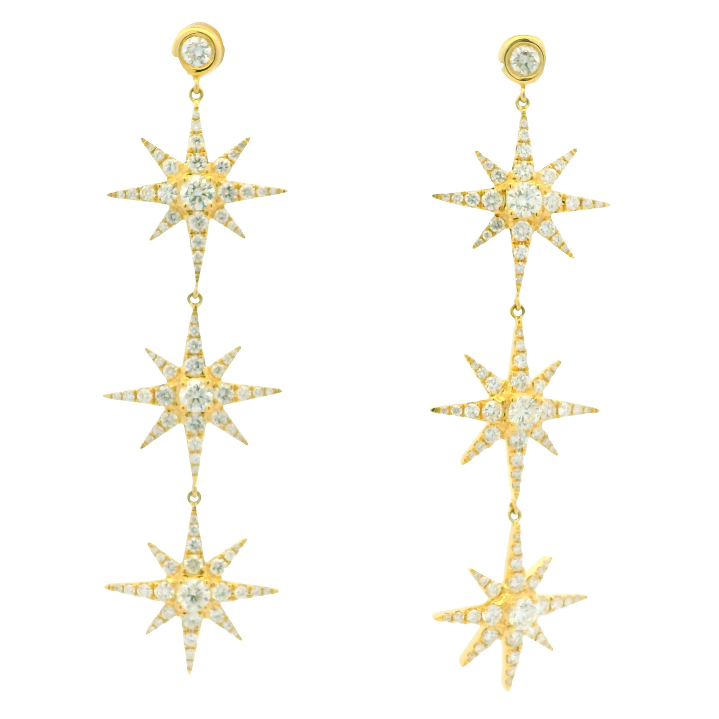 18k Yellow Gold Natural Round Brilliant Diamond Pave 3-Star Drop Earrings