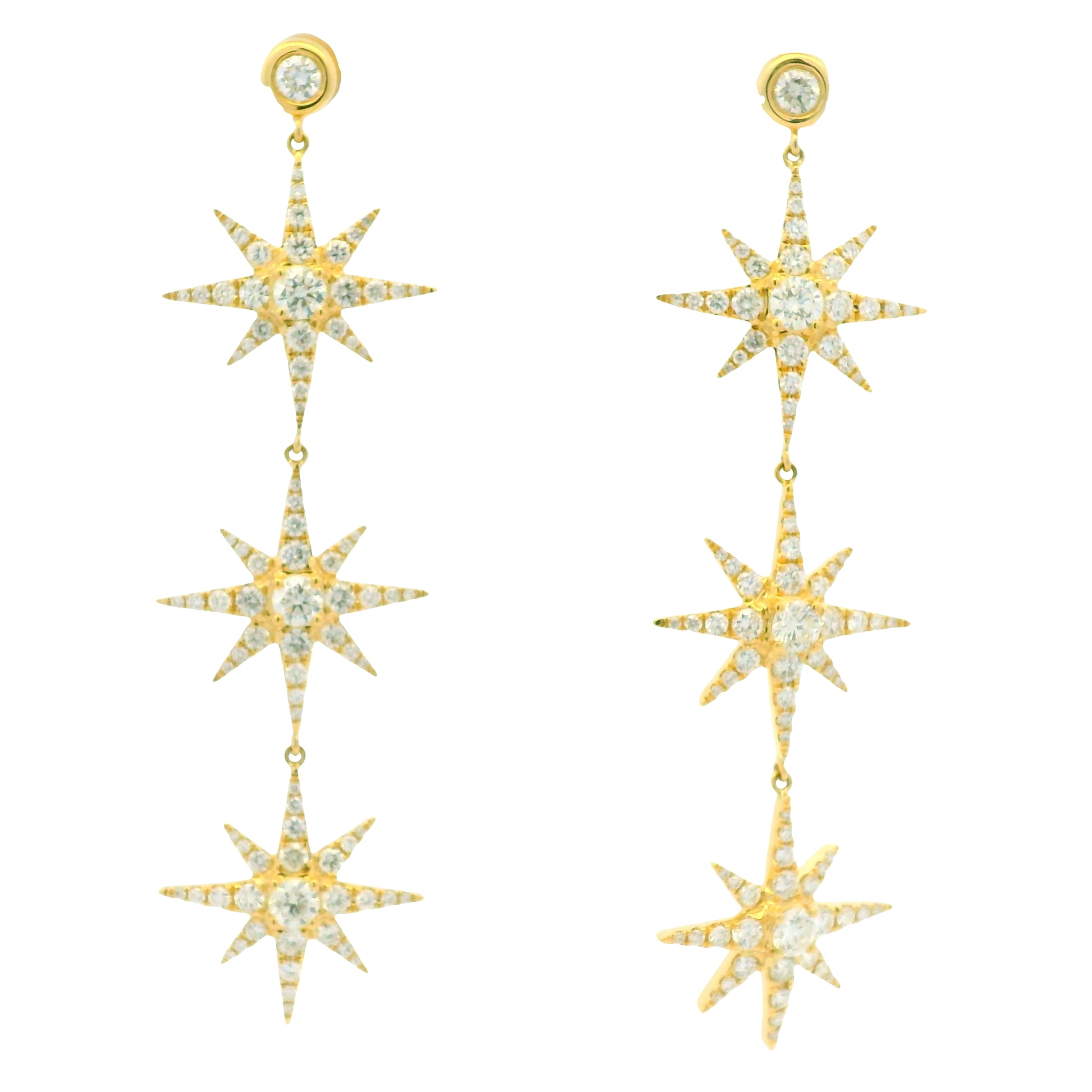 18k Yellow Gold Natural Round Brilliant Diamond Pave 3-Star Drop Earrings