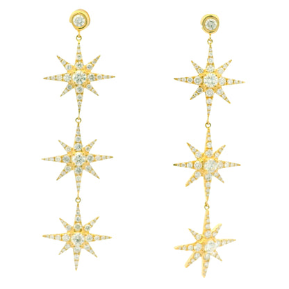 18k Yellow Gold Natural Round Brilliant Diamond Pave 3-Star Drop Earrings