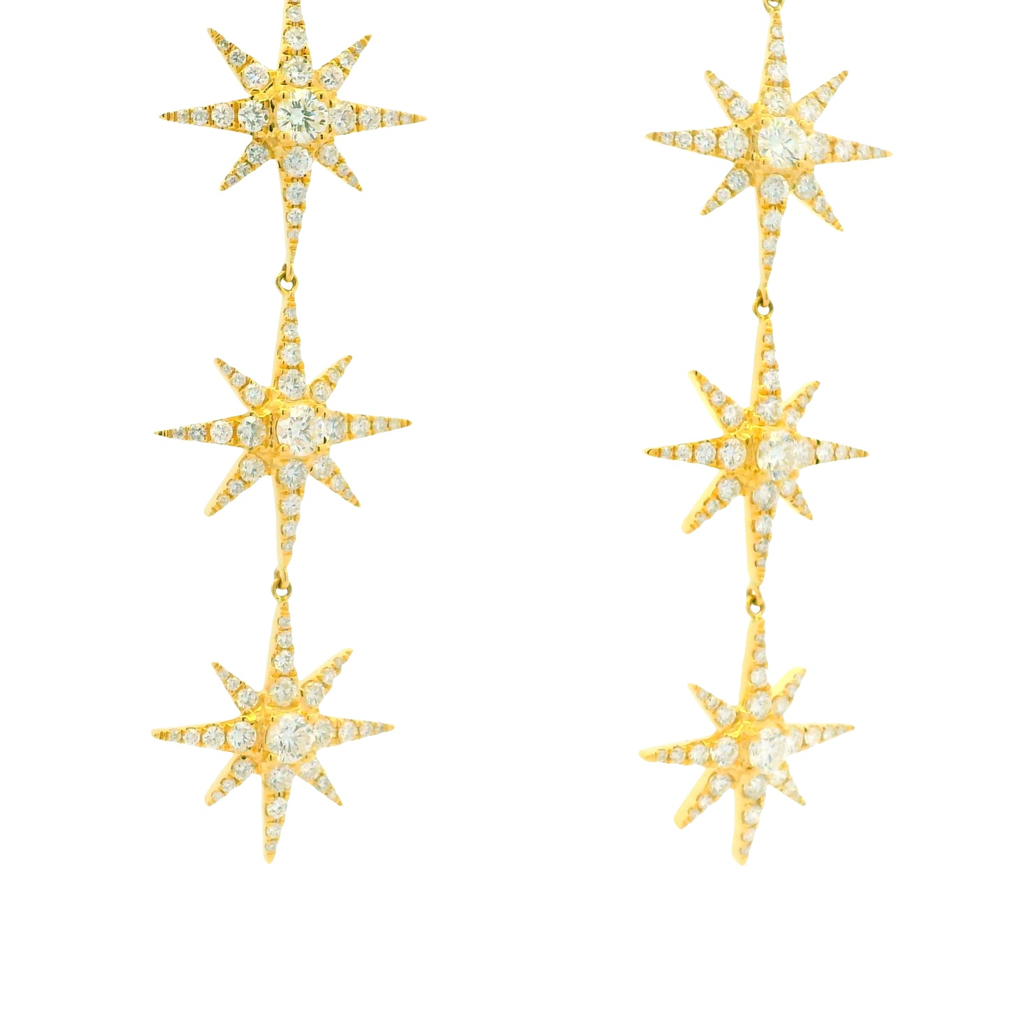 18k Yellow Gold Natural Round Brilliant Diamond Pave 3-Star Drop Earrings